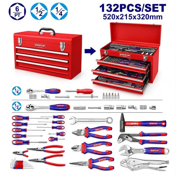 Caisse à outils 3titoirs 132 pcs EMTOP ETHS01321